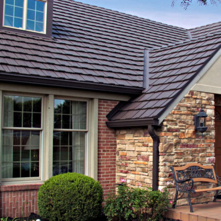 Country Manor Shake Style Metal Roofing System in Mustang Brown colour.