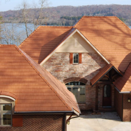Metal Shingle Style Roof in Copper Penny Colour on Lakeside Home