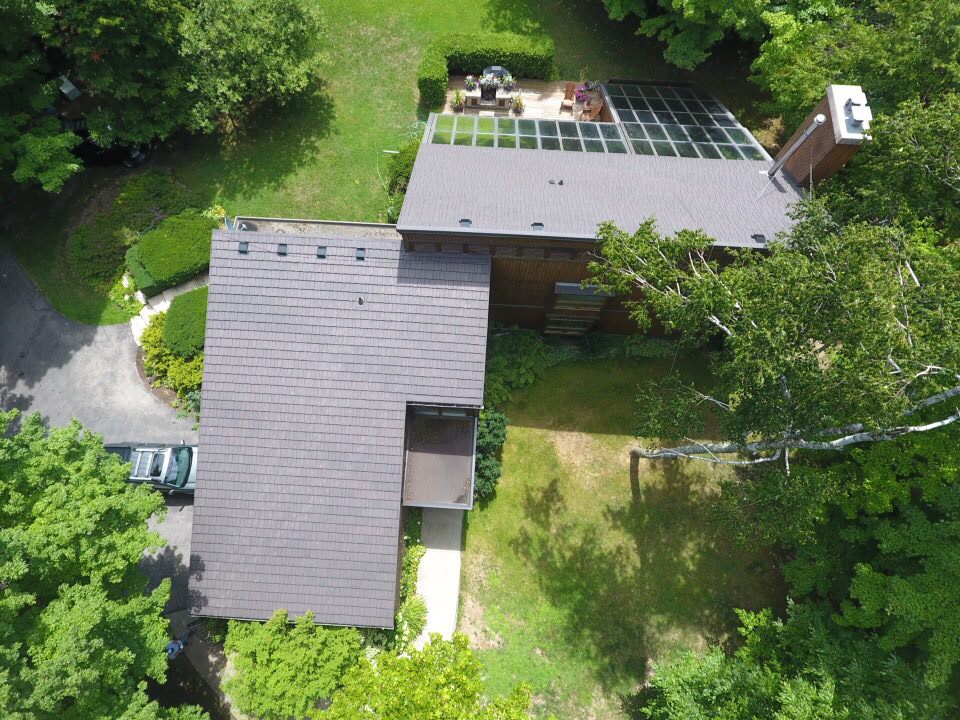 Aerial view of metal shake style roof in Milton ON