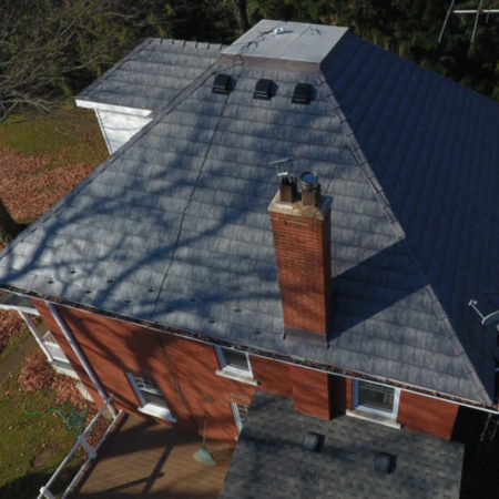 Drone Photo of Metal Slate Roof Installed on Red Brick House Ancaster ON